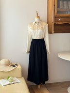 Soft Contrast Set | Top bianco con micro ruches e gonna lunga in cotone e lino